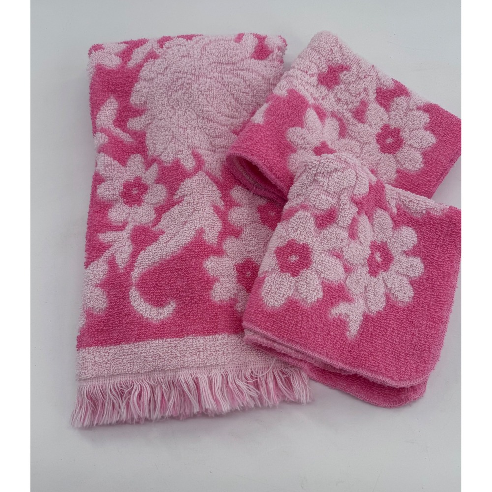 Fieldcrest Vintage Floral Towel Set Pink Floral Fringed Retro 3p